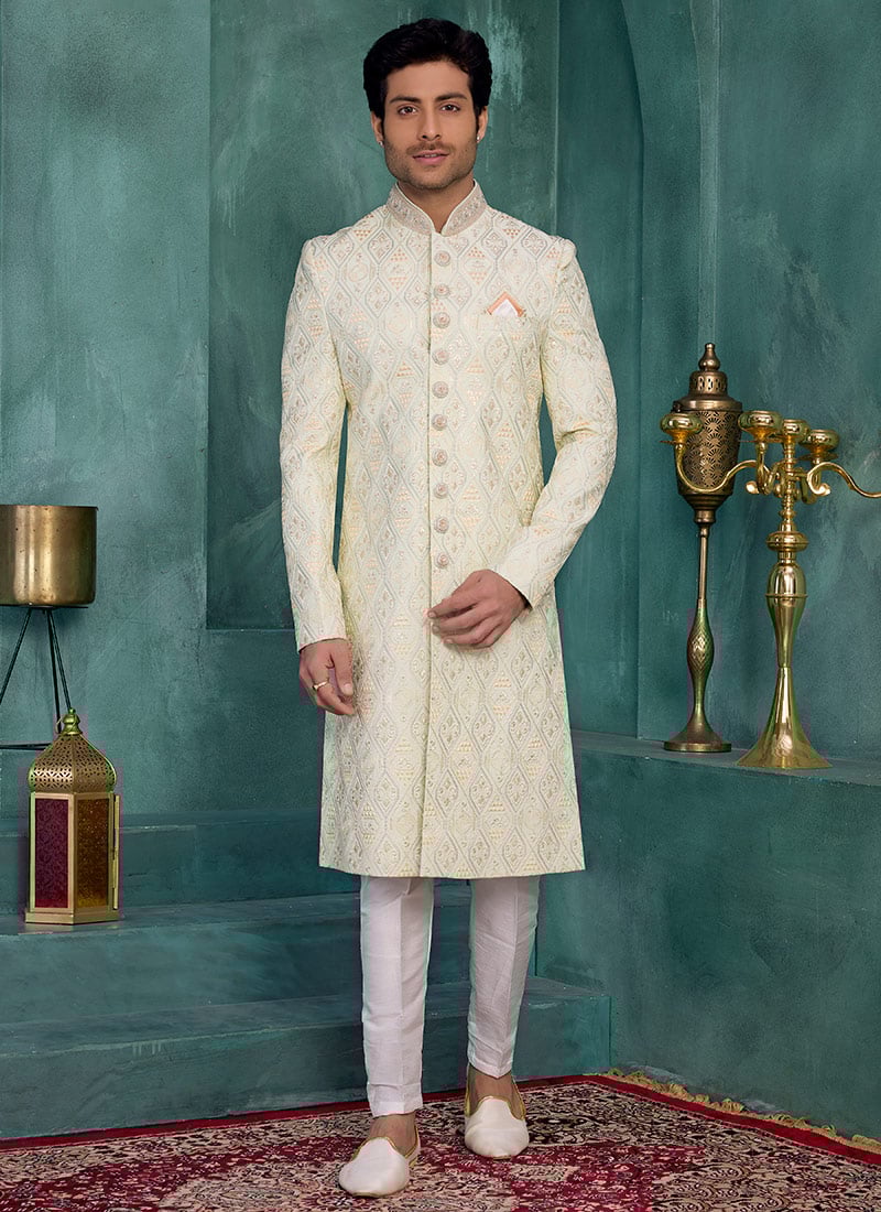 Pista Green Silk Sequins Embroidered Indowestern Sherwani Wedding Wear
