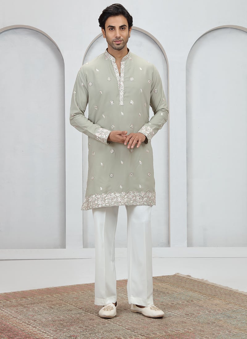 Pista Green Silk Sequins Embroidered Kurta Pyjama Festive Wear