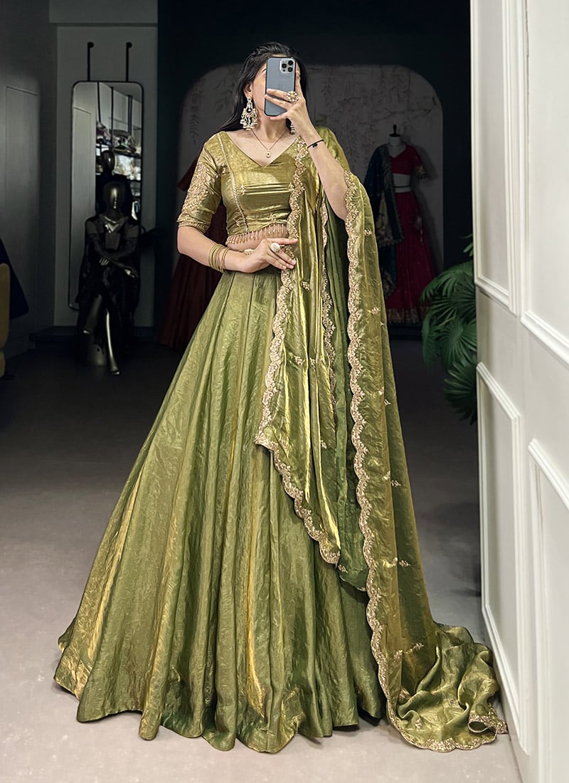 Pista Green Silk Sequins Embroidered Lehenga