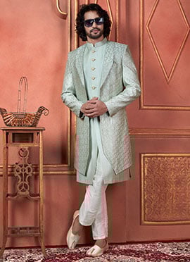 Pista Green Silk Sequins Indowestern 3 Piece Jacket Style Sherwani