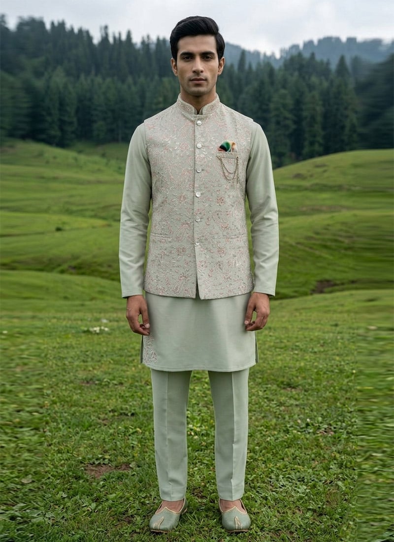 Pista Green Silk Thread Embroidered Sequins Bandi Set Festive Wear