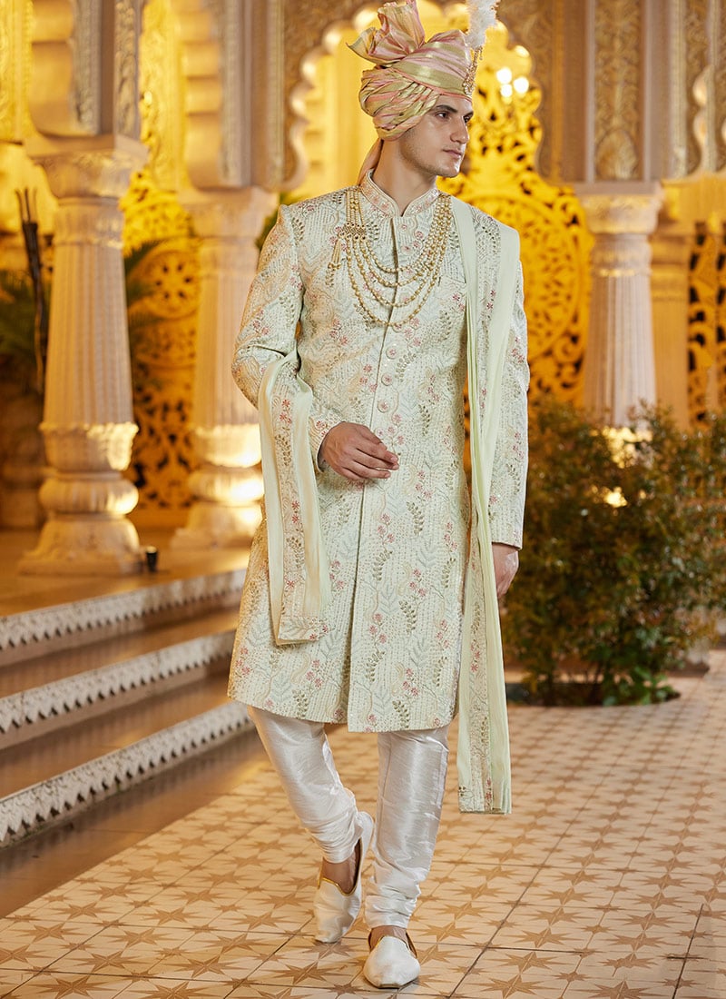 Pista Green Silk Thread Hand Embroidered Classic Sherwani