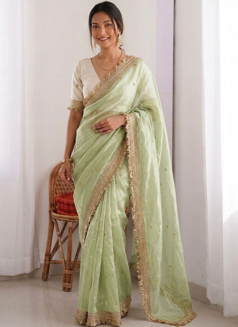 Pista Green Silk Zari Embroidered Saree After Six Wear