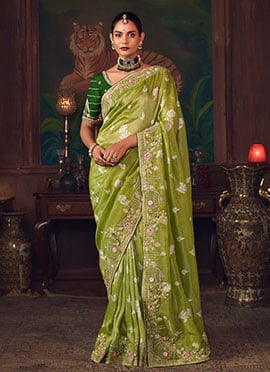 Pista Green Silk Zari Embroidered Sequins Beads Stones Thread Saree