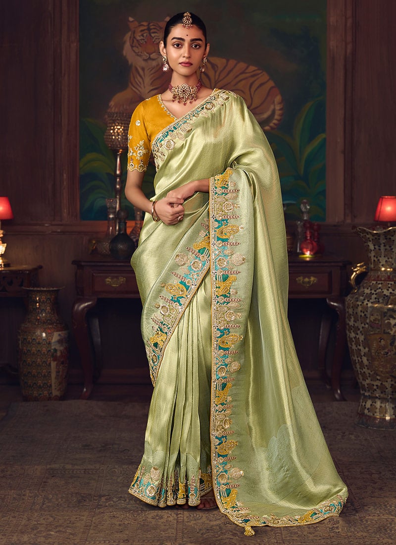 Pista Green Silk Zari Embroidered Sequins Beads Stones Thread Saree Wedding Wear