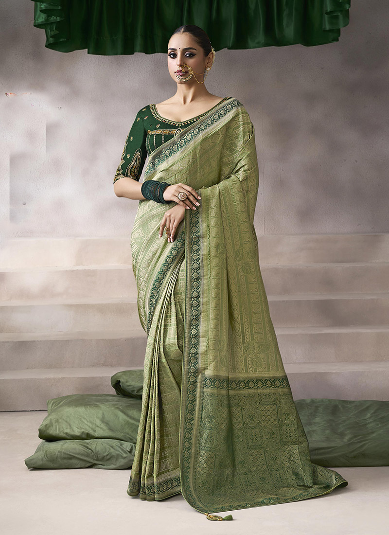 Pista Green Silk Zari Embroidered Sequins Jacquard Saree Festive Wear