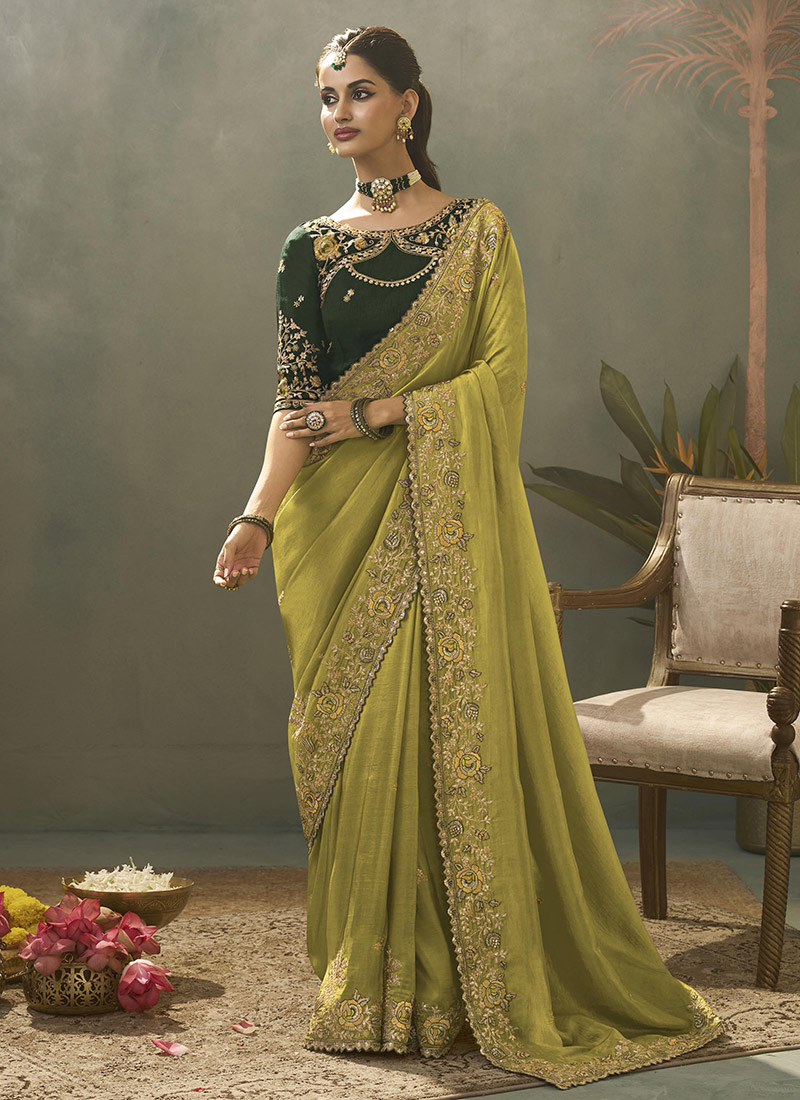 Pista Green Silk Zari Embroidered Sequins Saree Festive Wear