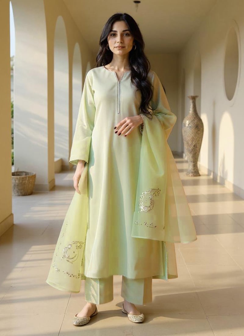 Pista Green Silk Zari Hand Embroidered Sequins A Line Straight Pant Suit