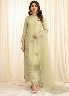 Pista Green Silk Zari Hand Embroidered Sequins Straight Suit Set