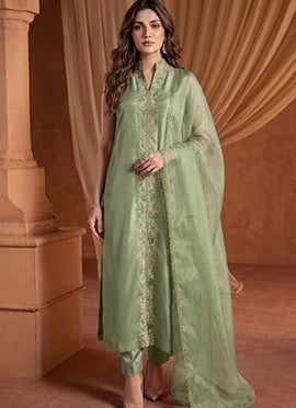 Pista Green Silk Zari Resham Embroidered Straight Pant Suit
