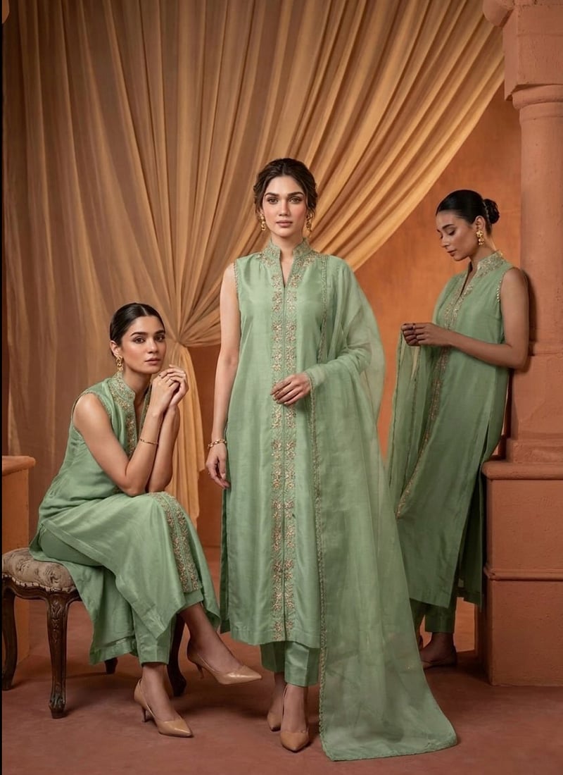 Pista Green Silk Zari Resham Embroidered Straight Pant Suit Festive Wear