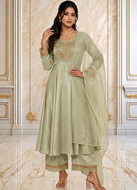 Pista Green Silk Zari Sequins Anarkali Suit
