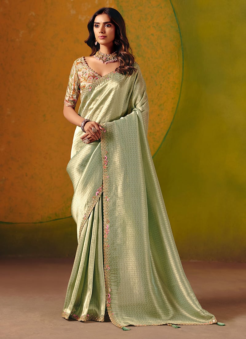 Pista Green Smooth Zari Silk Embroidered Sequins With Stone Work Saree Wedding Wear