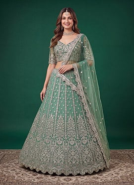 Pista Green Soft Net Zari Dori Sequins Embroidered Lehenga