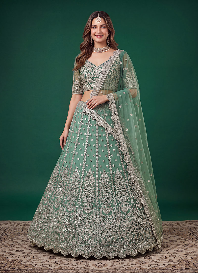 Pista Green Soft Net Zari Dori Sequins Embroidered Lehenga Wedding Wear