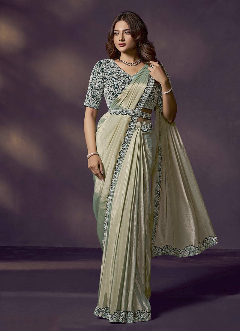 Pista Green Soft Silk Hand Embroidered Pre Draped Saree