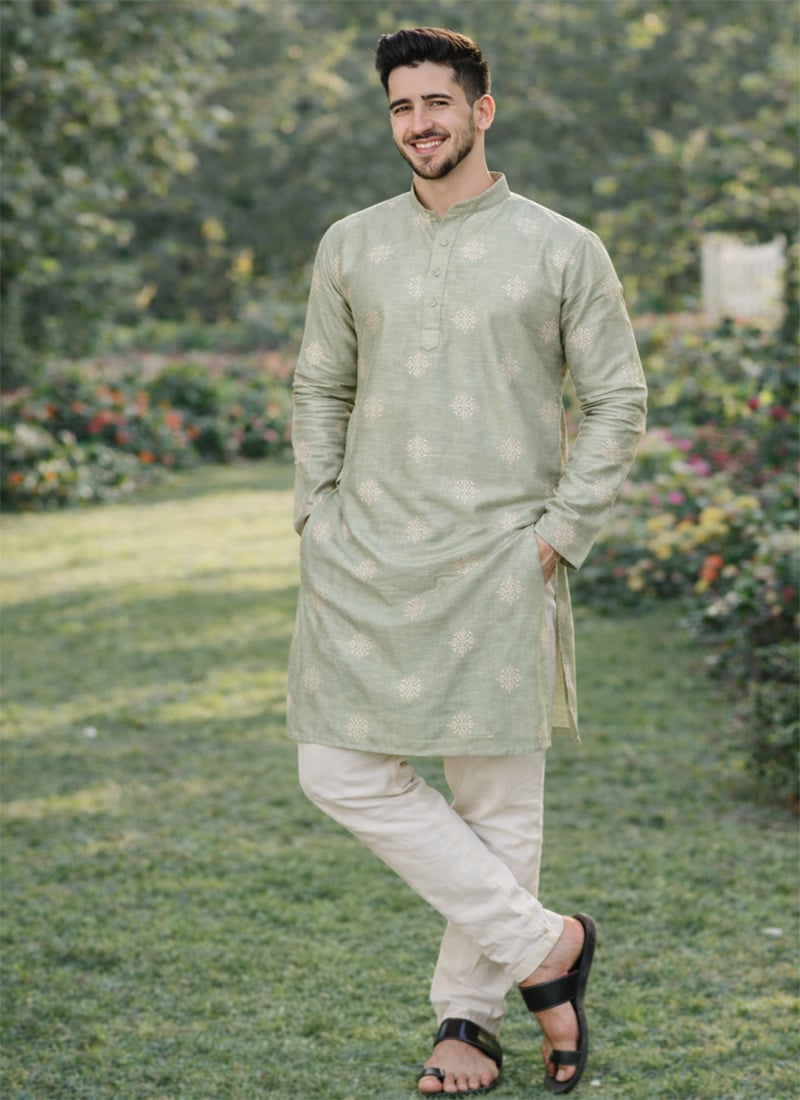 Pista Green Soft Silk Sequins Kurta Pyjama Festive Wear