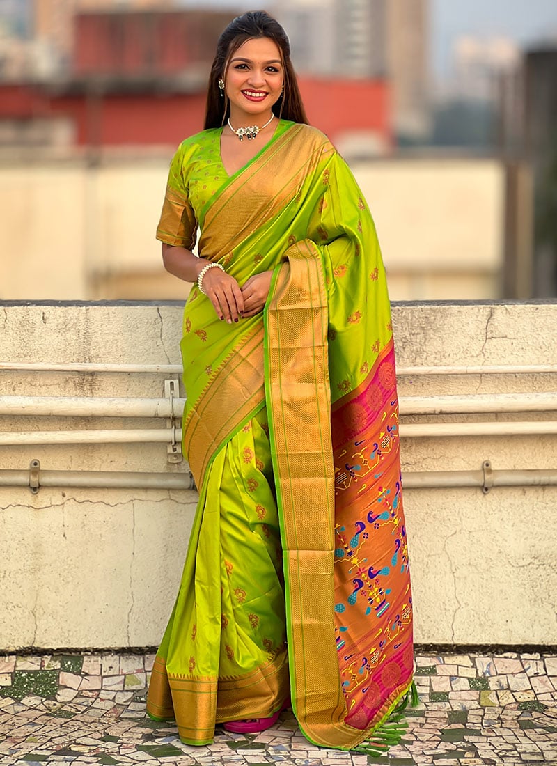 Pista Green Soft Silk Zari Woven Meenakari Print Saree Festive Wear