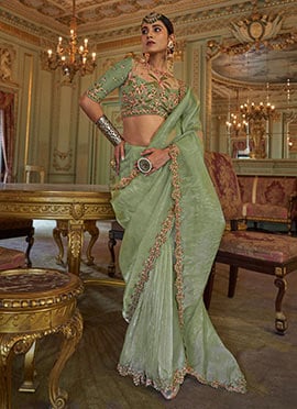 Pista Green Soft Tissue Silk Zari Embroidered Saree