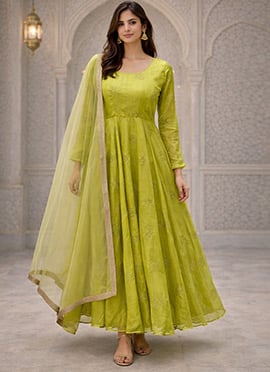 Pista Green Tabby Organza Embroidered With Beads Work Anarkali Suit