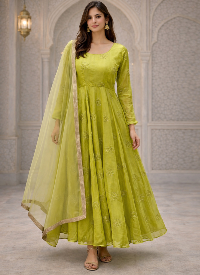 Pista Green Tabby Organza Embroidered With Beads Work Anarkali Suit Festive Wear