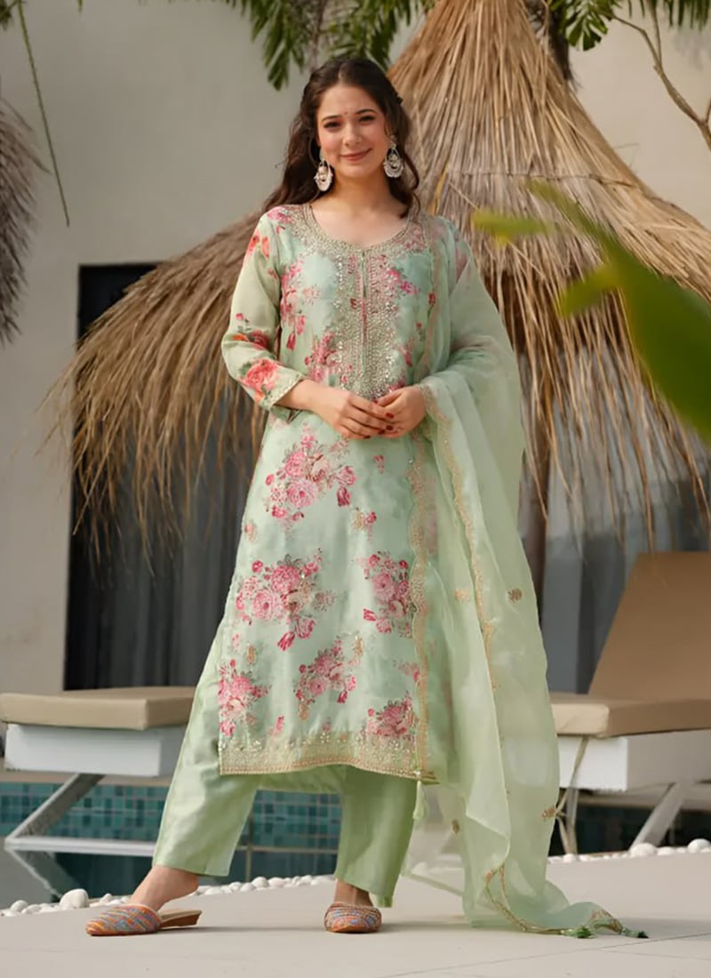 Pista Green Tabby Silk Straight Pant Suit With Embroidery Mirror Work And Floral Digital Print Festive Wear