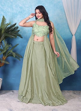 Pista Green Teby Silk Embroidered Sequins Lehenga Festive Wear