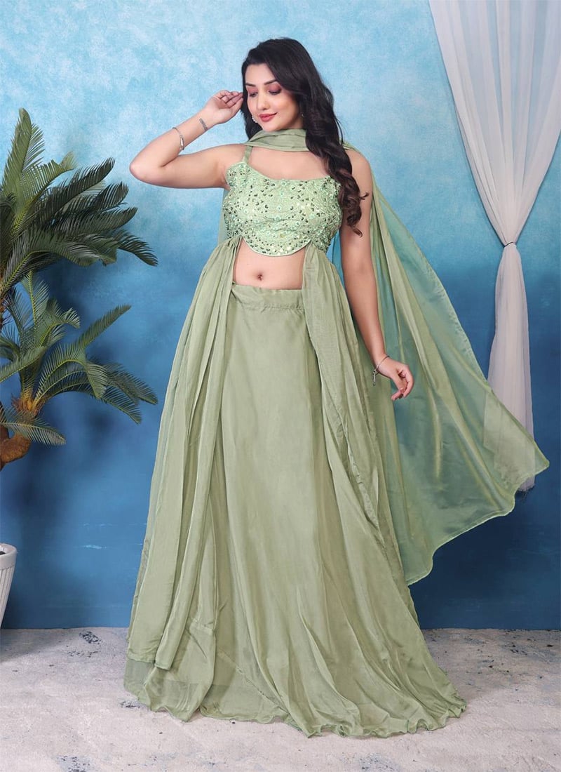 Pista Green Teby Silk Embroidered Sequins Lehenga Festive Wear