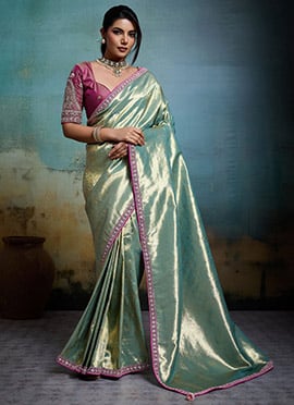 Pista Green Tissue Banarasi Silk Zari Hand Embroidered Stone Work  Saree