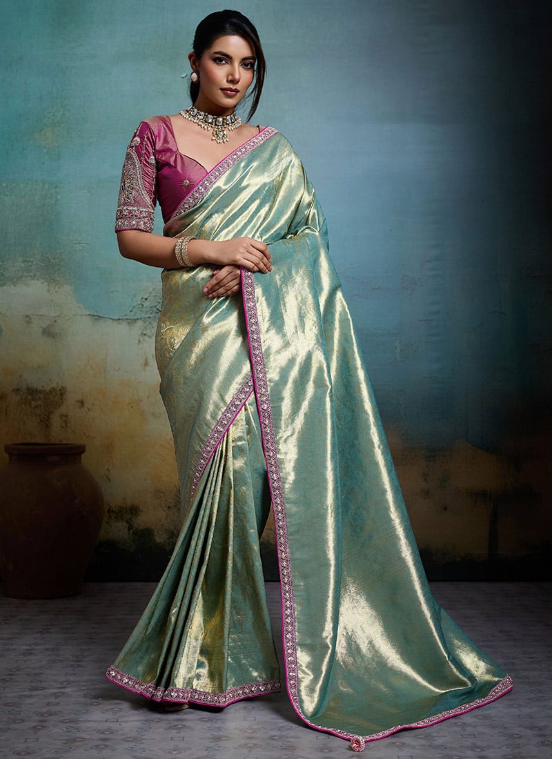 Pista Green Tissue Banarasi Silk Zari Hand Embroidered Stone Work  Saree Festive Wear