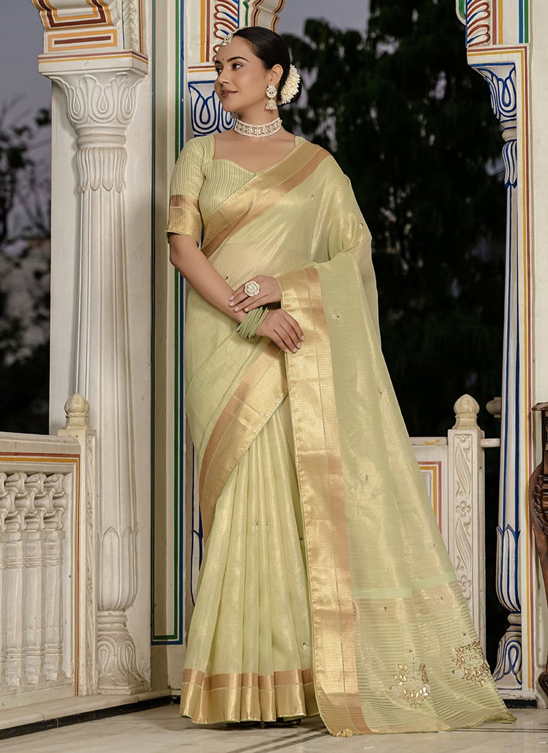 Pista Green Tissue Linen Hand Embroidered Zari Saree