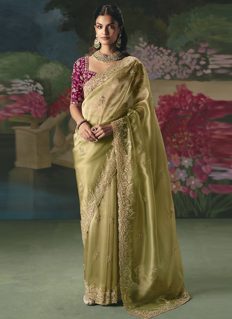 Pista Green Tissue Organza Sequins Embroidered With Stone Work Saree Wedding Wear