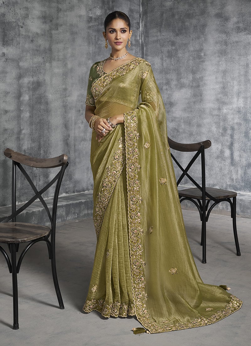 Pista Green Tissue Silk Resham Sequins Embroidered Stones Beads Zari Saree Wedding Wear