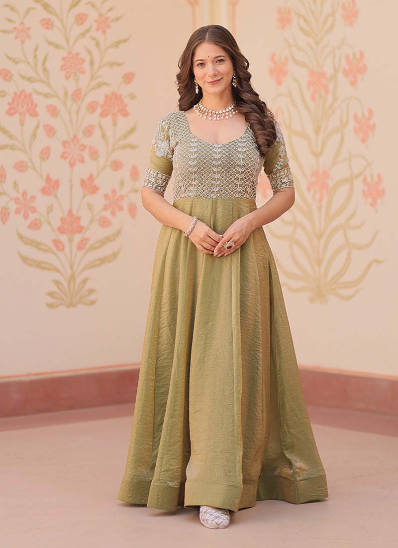 Pista Green Tissue Silk Sequins Beads Anarkali Gown Festive Wear