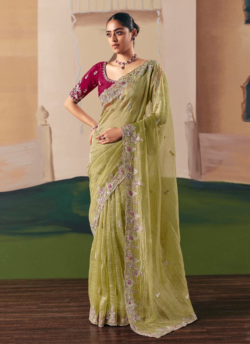 Pista Green Tissue Silk Zari Embroidered Sequins Saree Festive Wear
