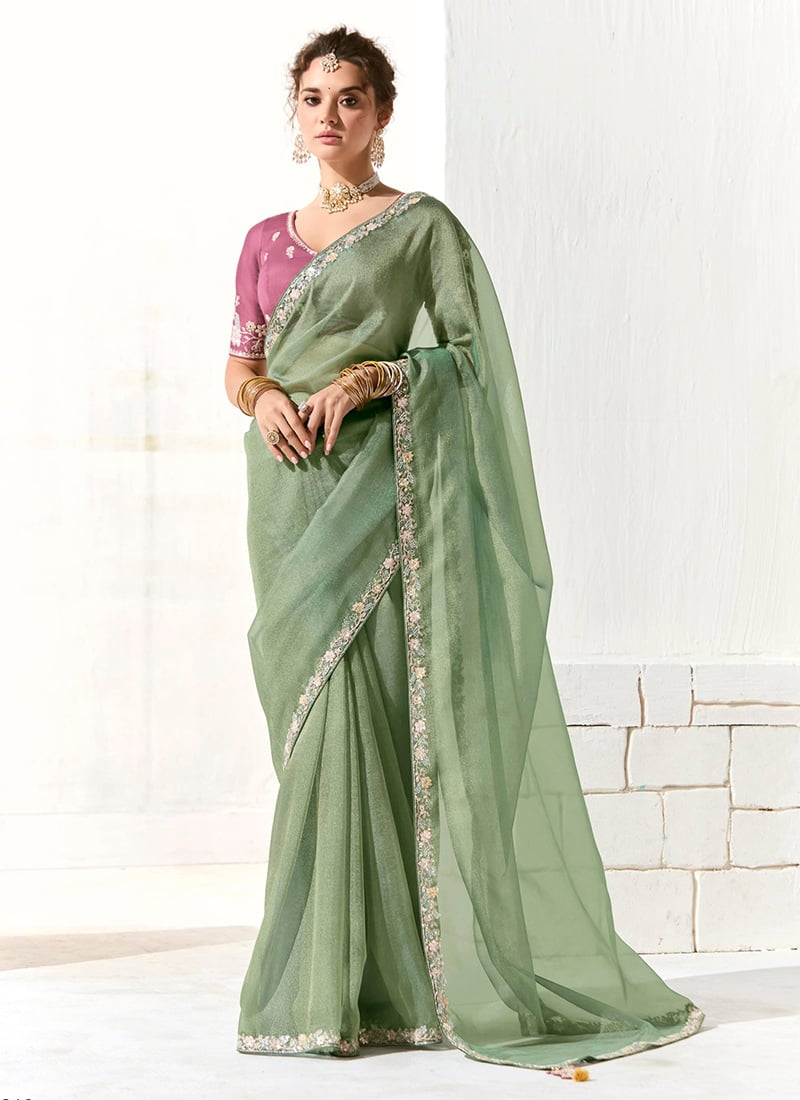 Pista Green Tissue Zari Hand Embroidered Sequins Saree
