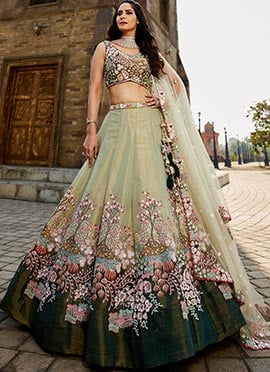 Pista Green Tissue Zarkan Embroidered Sequins Stone Work Lehenga