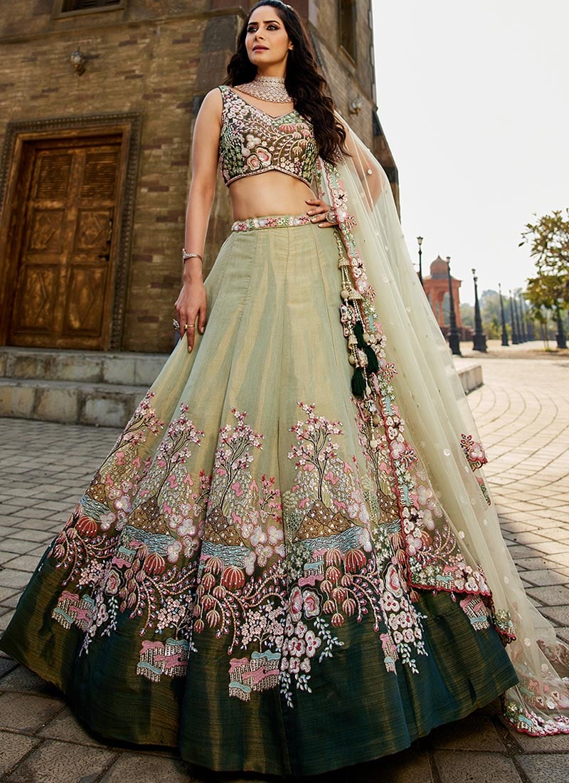 Pista Green Tissue Zarkan Embroidered Sequins Stone Work Lehenga Wedding Wear