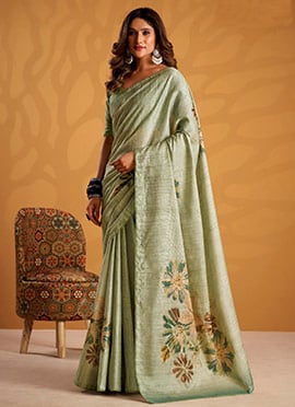 Pista Green Tussar Silk Zari Work Digital Print Zari Saree