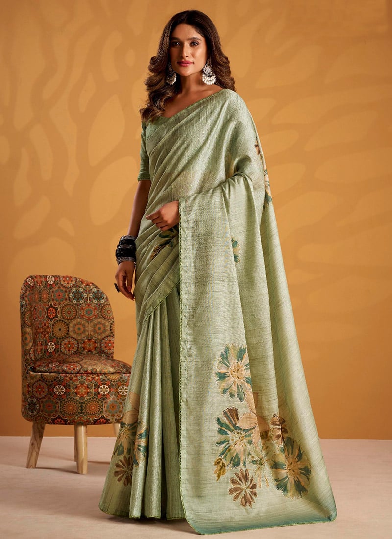 Pista Green Tussar Silk Zari Work Digital Print Zari Saree After Six Wear