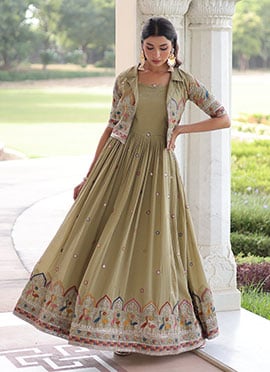 Pista Green Vichitra Silk Anarkali Gown With Jacket