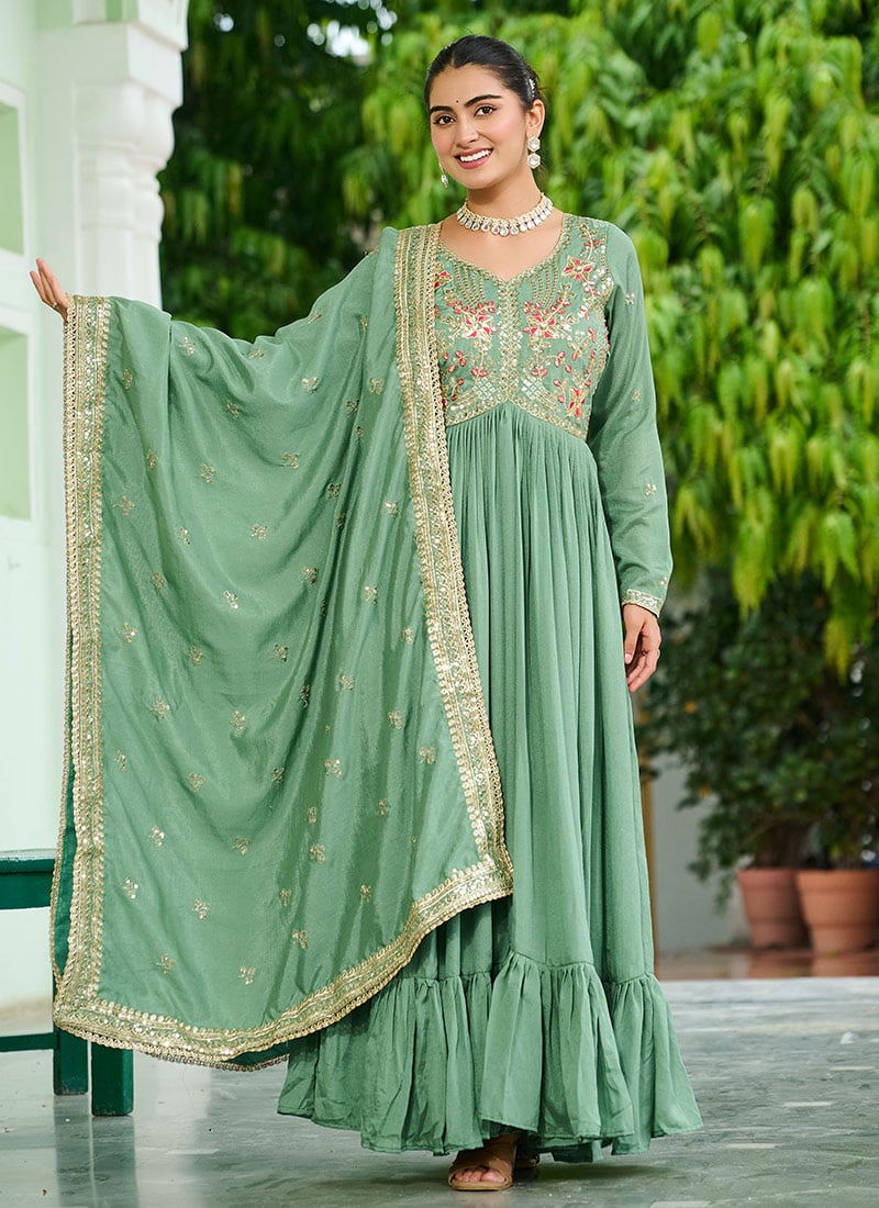 Pista Green Vichitra Silk Embroidered Sequins Anarkali Suit Festive Wear