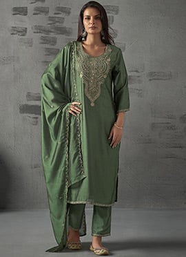 Pista Green Vichitra Silk Embroidered Straight Pant Suit