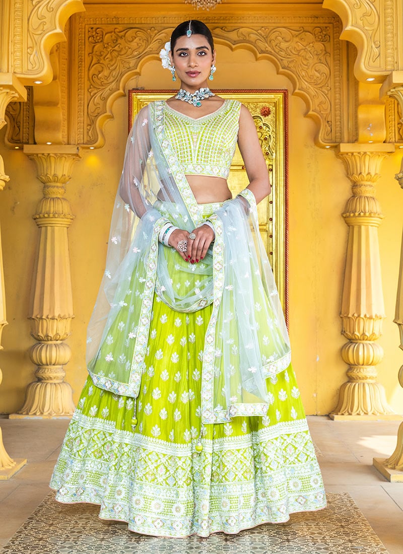 Pista Green Viscose Chinon Lehenga With Beautiful Embroidered And Sequins Wedding Wear