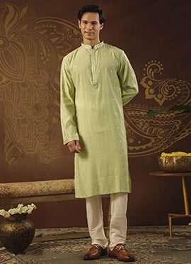 Pista Green Viscose Embroidered Kurta Pyjama For Men