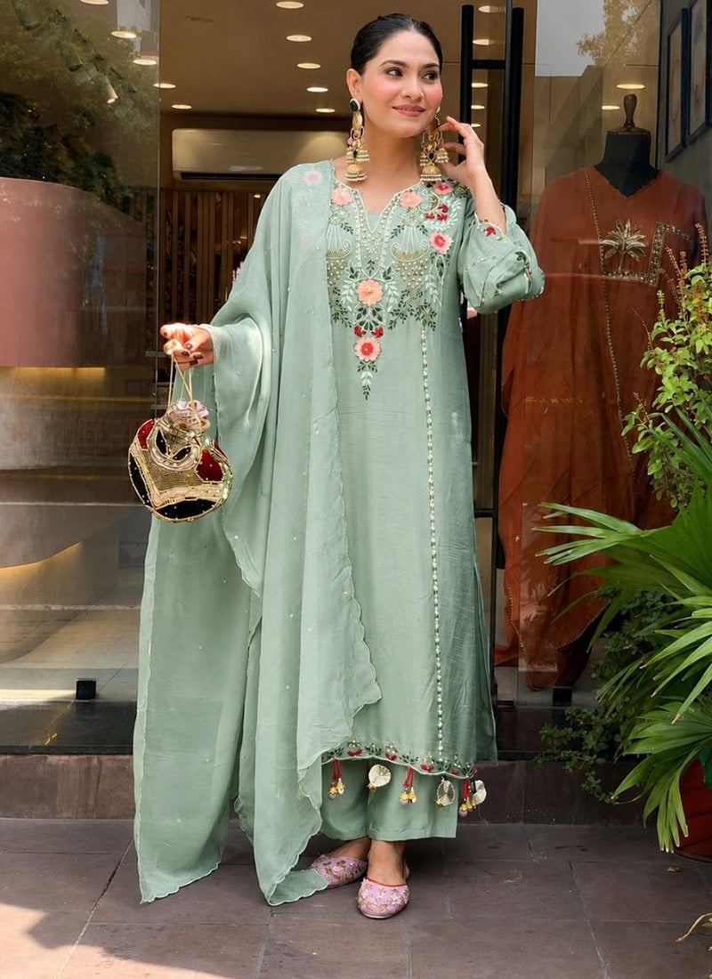 Pista Green Viscose Embroidered Sequins Straight Pant Suit After Six Wear