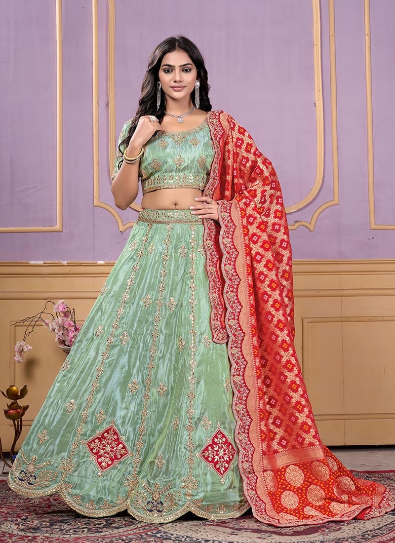 Pista Green Viscose Embroidered Zari And Gota Umbrella Lehenga Wedding Wear