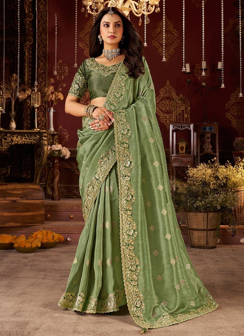 Pista Green Viscose Jacquard Tissue Zari Embroidered Sequins Beads And Stone Work Saree Wedding Wear