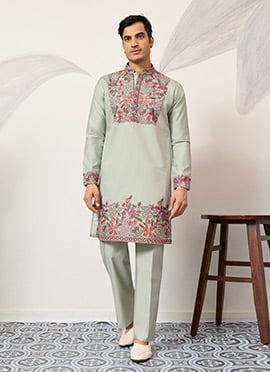 Pista Green Viscose Silk Embroidered Sequins Kurta Pyjama For Men