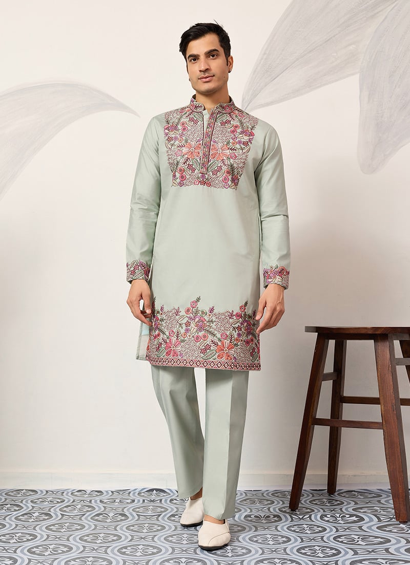 Pista Green Viscose Silk Embroidered Sequins Kurta Pyjama For Men Festive Wear